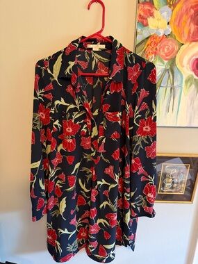 Navy Floral Button-Down Shirt with Red Bloom